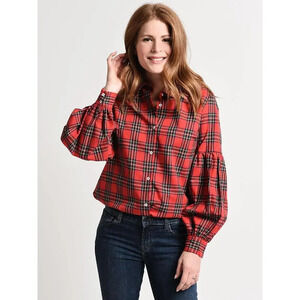 English Factory Plaid Button-Up Tartan Blouse Top Size Medium holiday